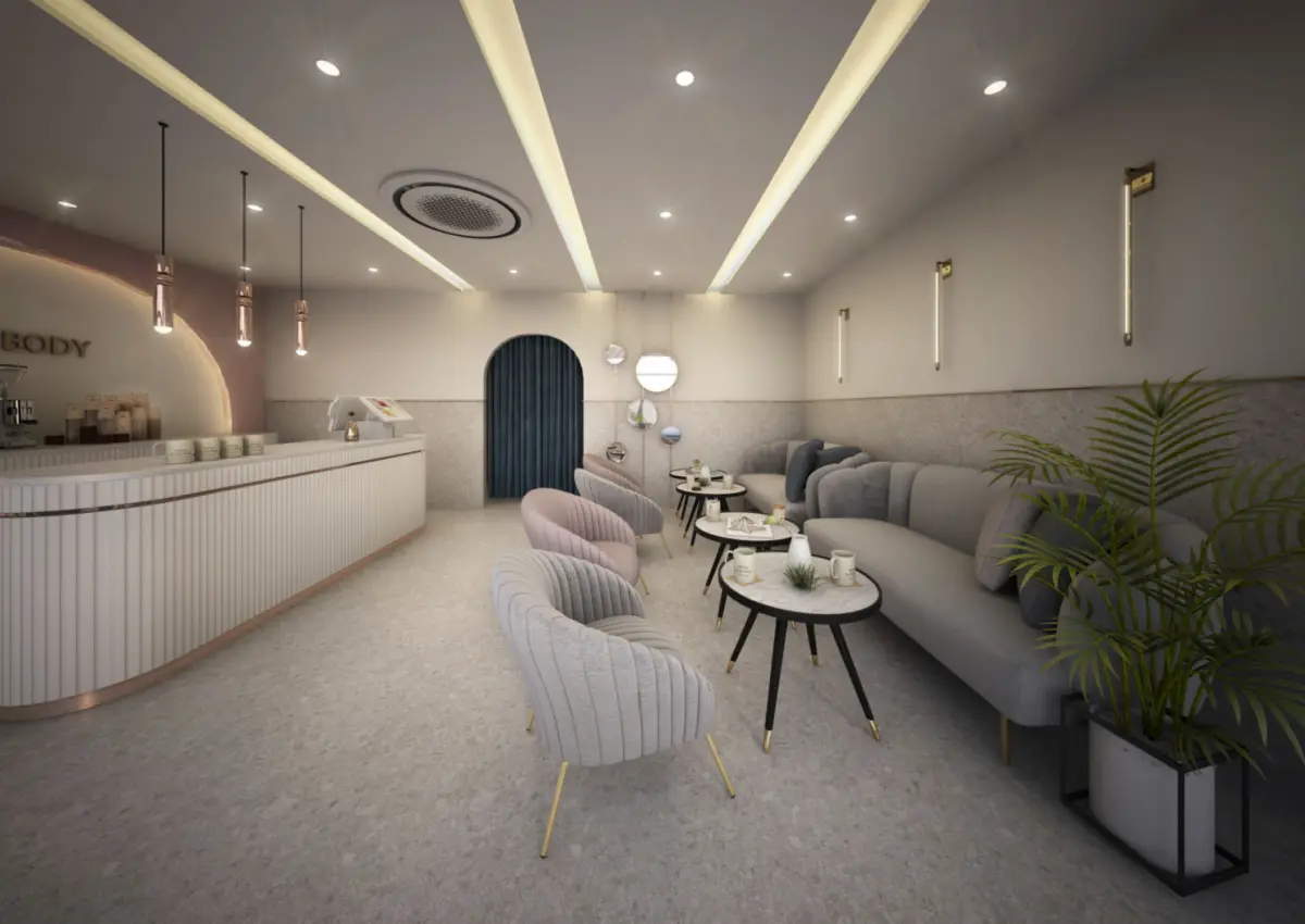 벨벳 소파가 있는 프리미엄 뷰티샵 대기공간 인테리어